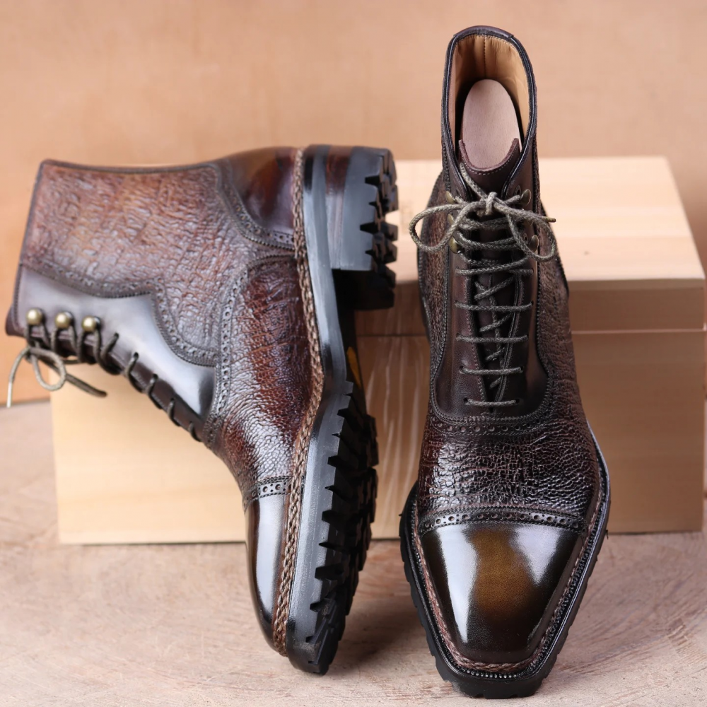 Genuine Leather Pointed Toe High Top Crocodile Print Boots