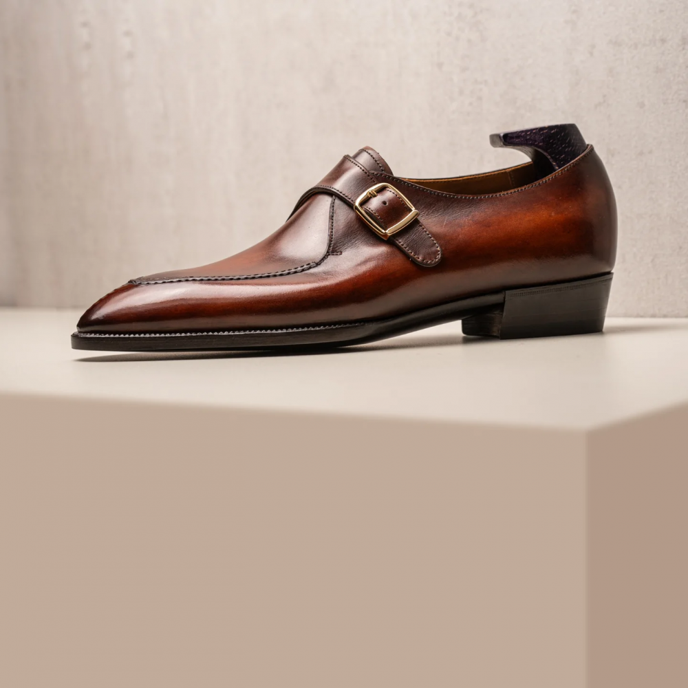 Pointed Leather Buckle Monk Shoes
