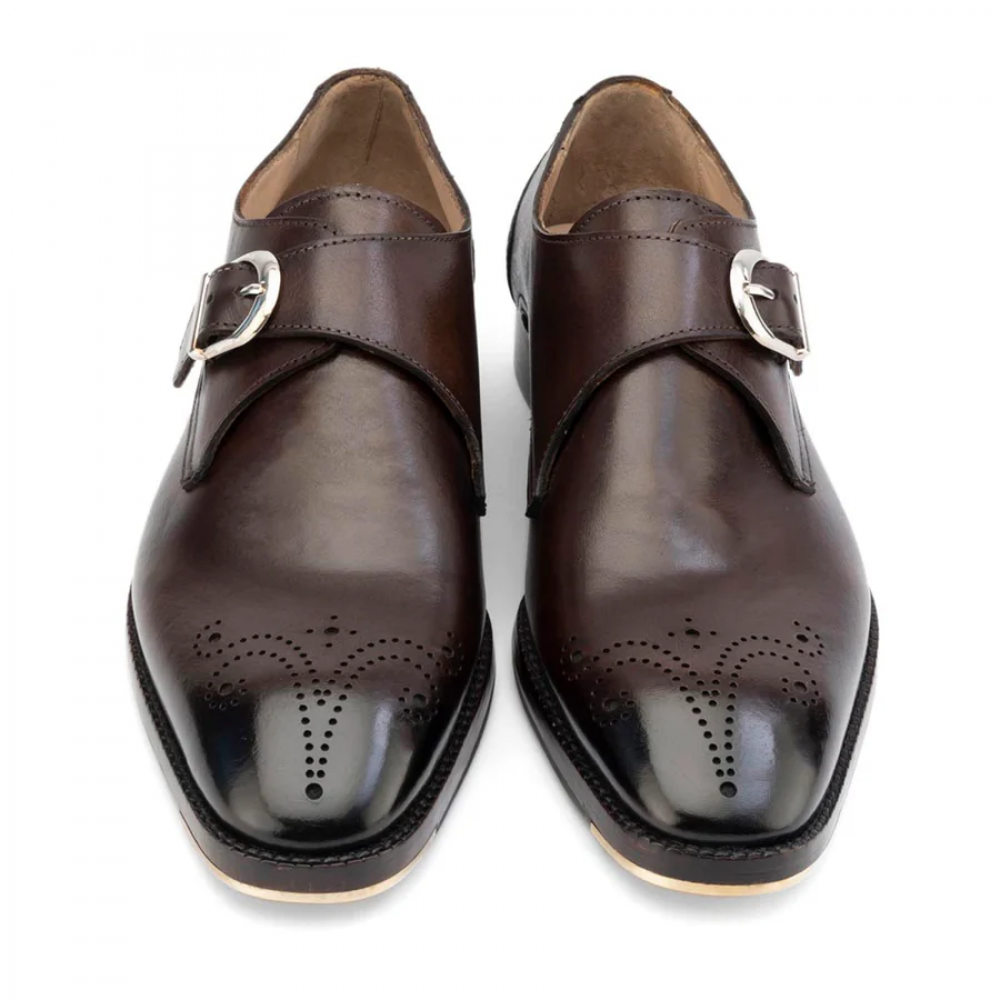 Brown Glossed Square Toe Single Monk Strap