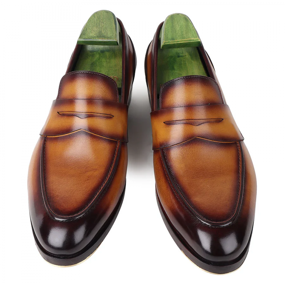 Tan Goodyear Welted Mirror Glossed Patina Modern Penny Loafer