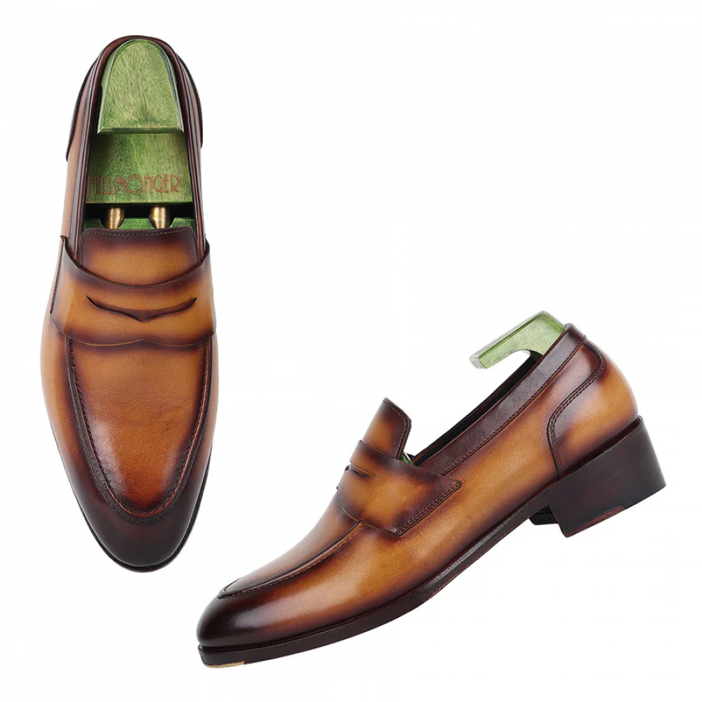 Tan Goodyear Welted Mirror Glossed Patina Modern Penny Loafer
