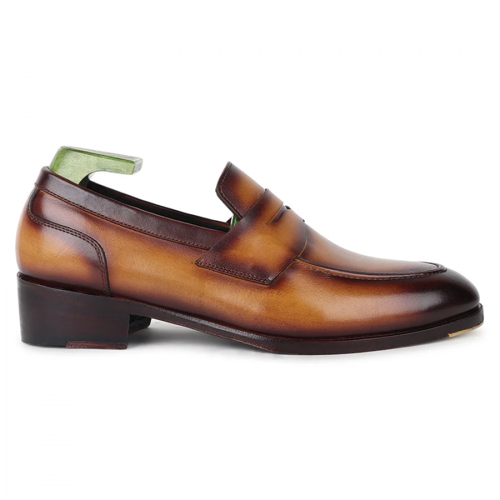 Tan Goodyear Welted Mirror Glossed Patina Modern Penny Loafer