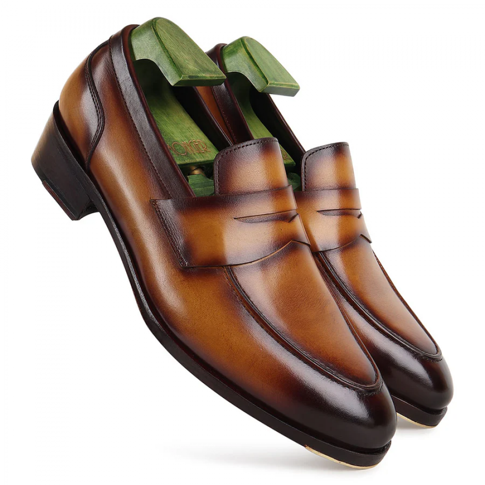 Tan Goodyear Welted Mirror Glossed Patina Modern Penny Loafer