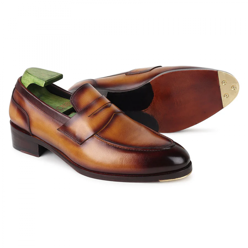Tan Goodyear Welted Mirror Glossed Patina Modern Penny Loafer