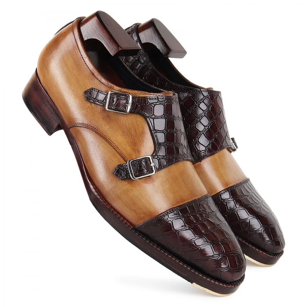 Mirror Glossed Patina Croco Detail Double Monk Strap With Metal Toe