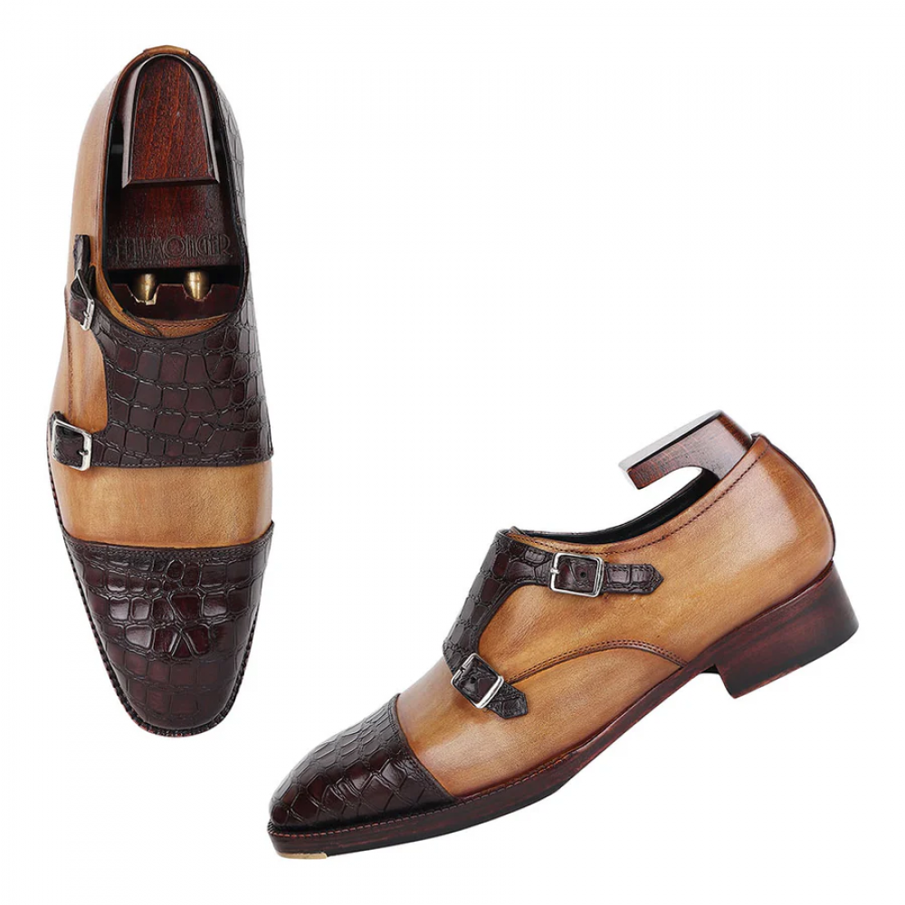 Mirror Glossed Patina Croco Detail Double Monk Strap With Metal Toe
