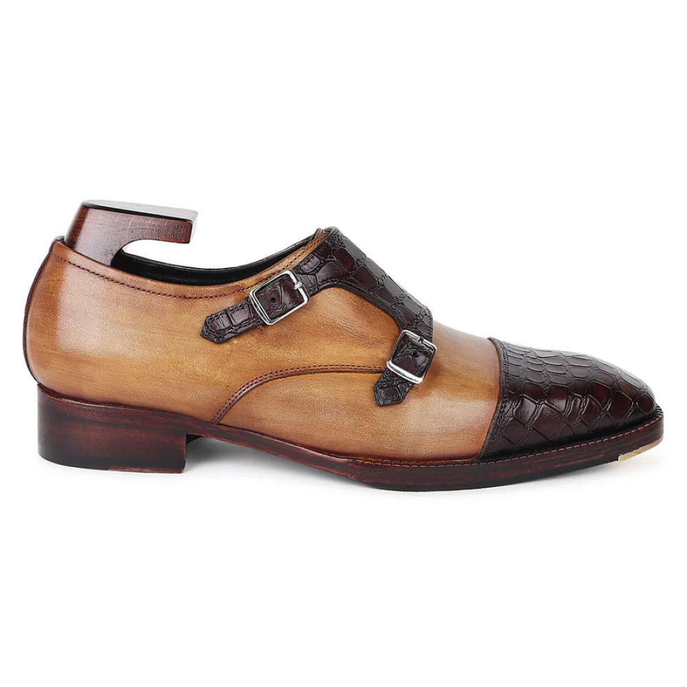 Mirror Glossed Patina Croco Detail Double Monk Strap With Metal Toe