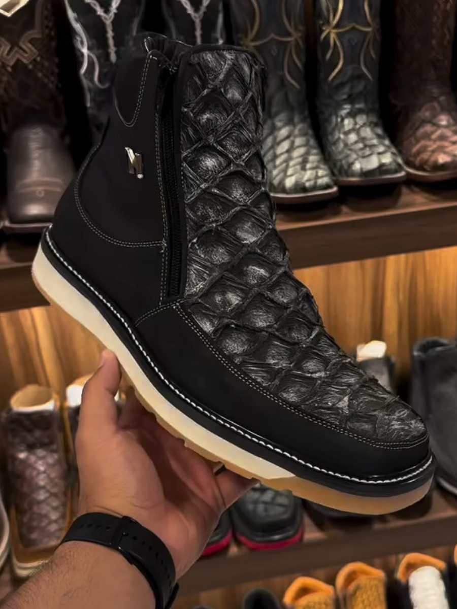 Grey Square Toe Leather Boots
