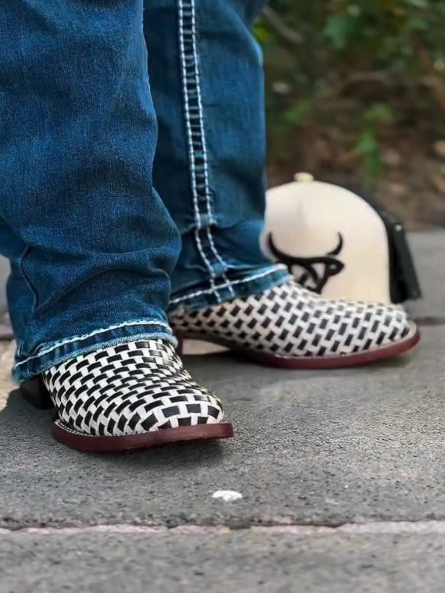 Vintage Embroidered Black and White Woven Boots