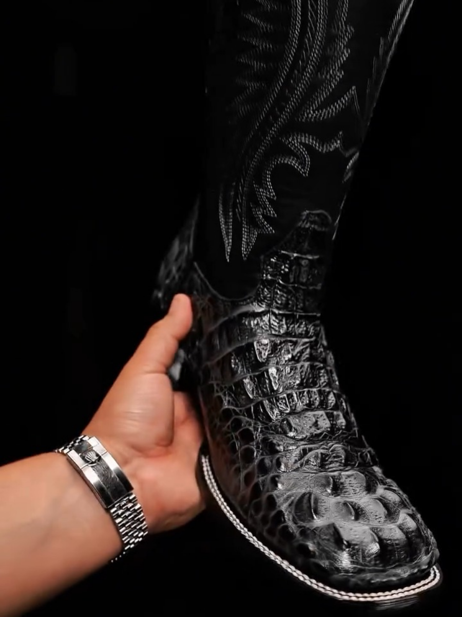 Retro Square Toe Embroidered Mid-tube Slit Casual Versatile Men's Boots