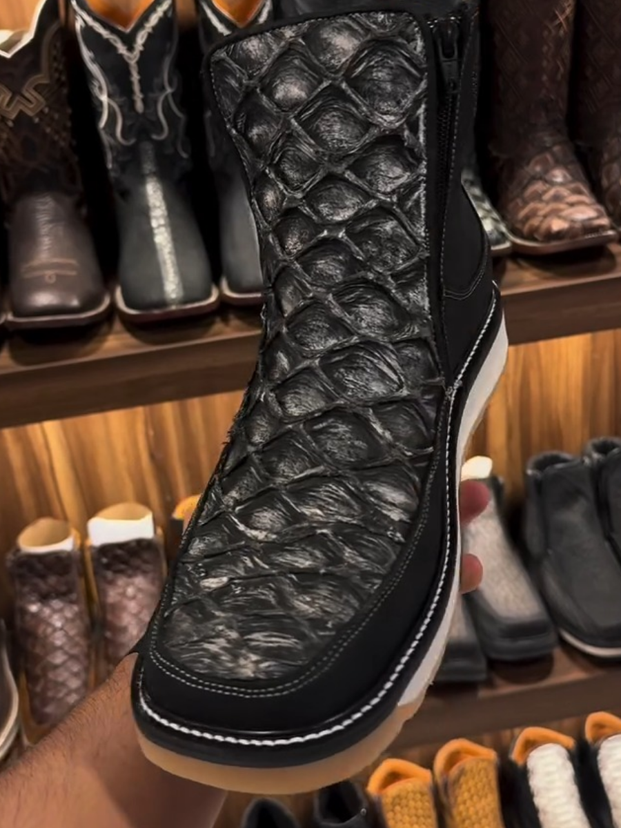 Grey Square Toe Leather Boots