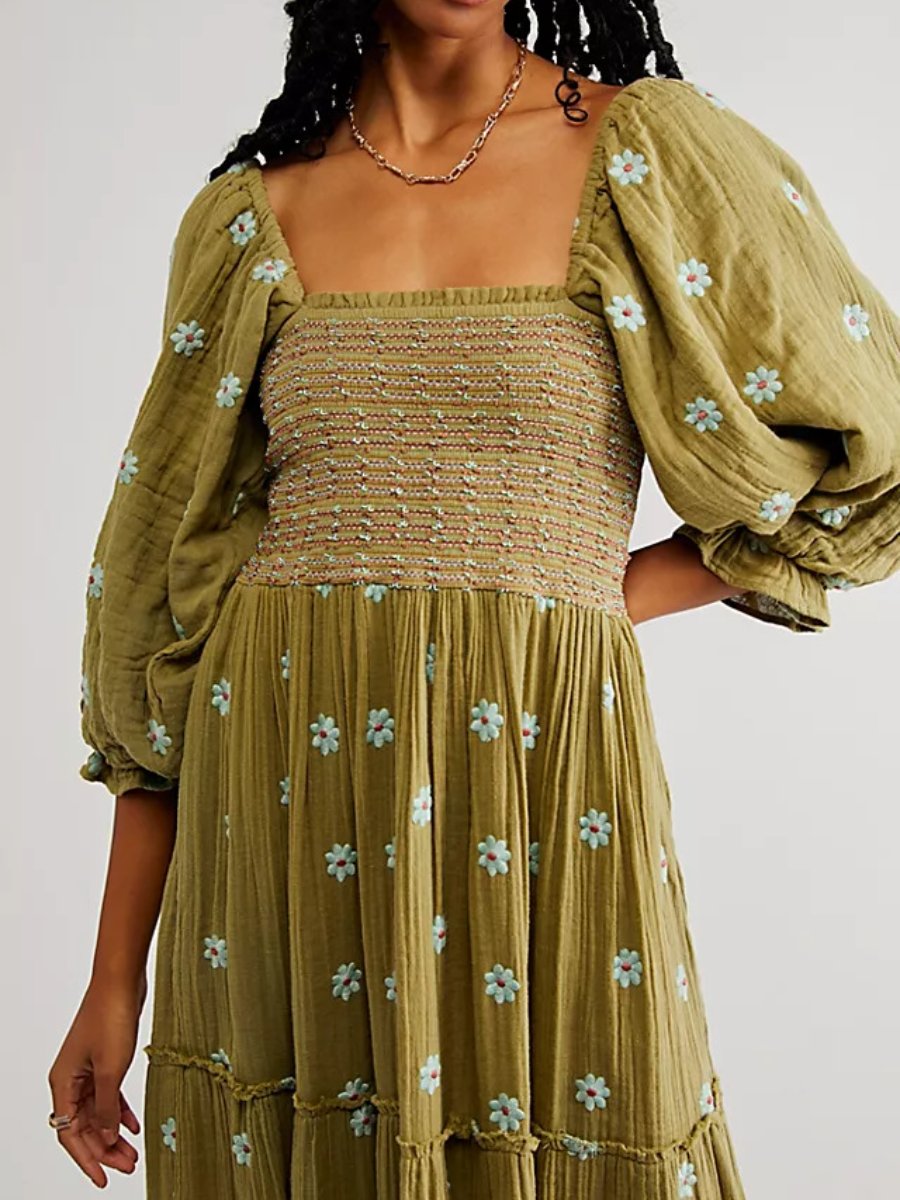 Printed Square Neck Sunflower Dress