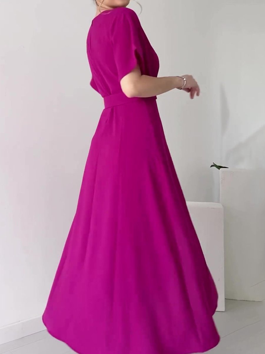 Solid Color Round Neck Short Sleeve Dress