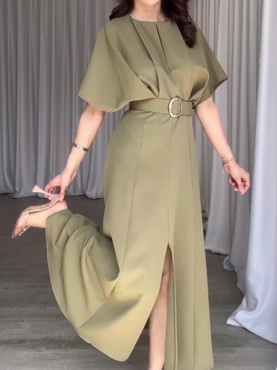 Solid Color Round Neck Short Sleeve Dress