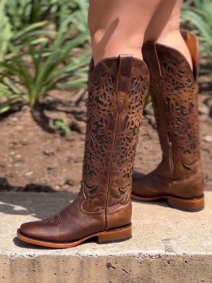 Vintage Brown Embroidered Block Heel High Boots