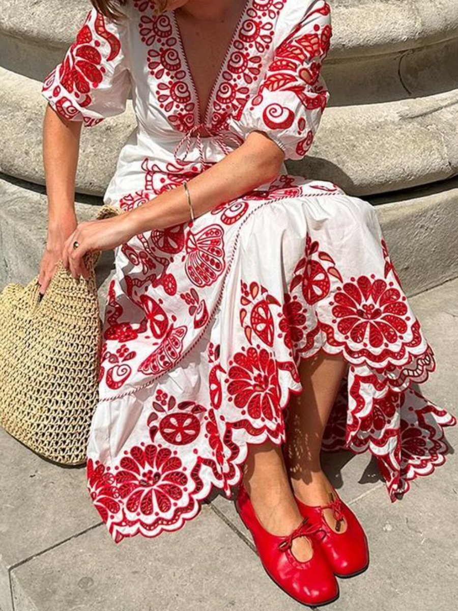 Red And White V-neck Dress