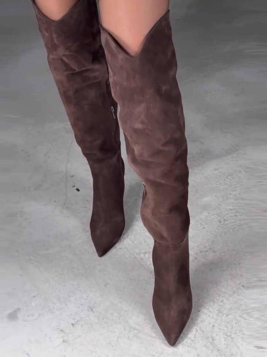 Pointed Toe Western High Suede Pleated Boots