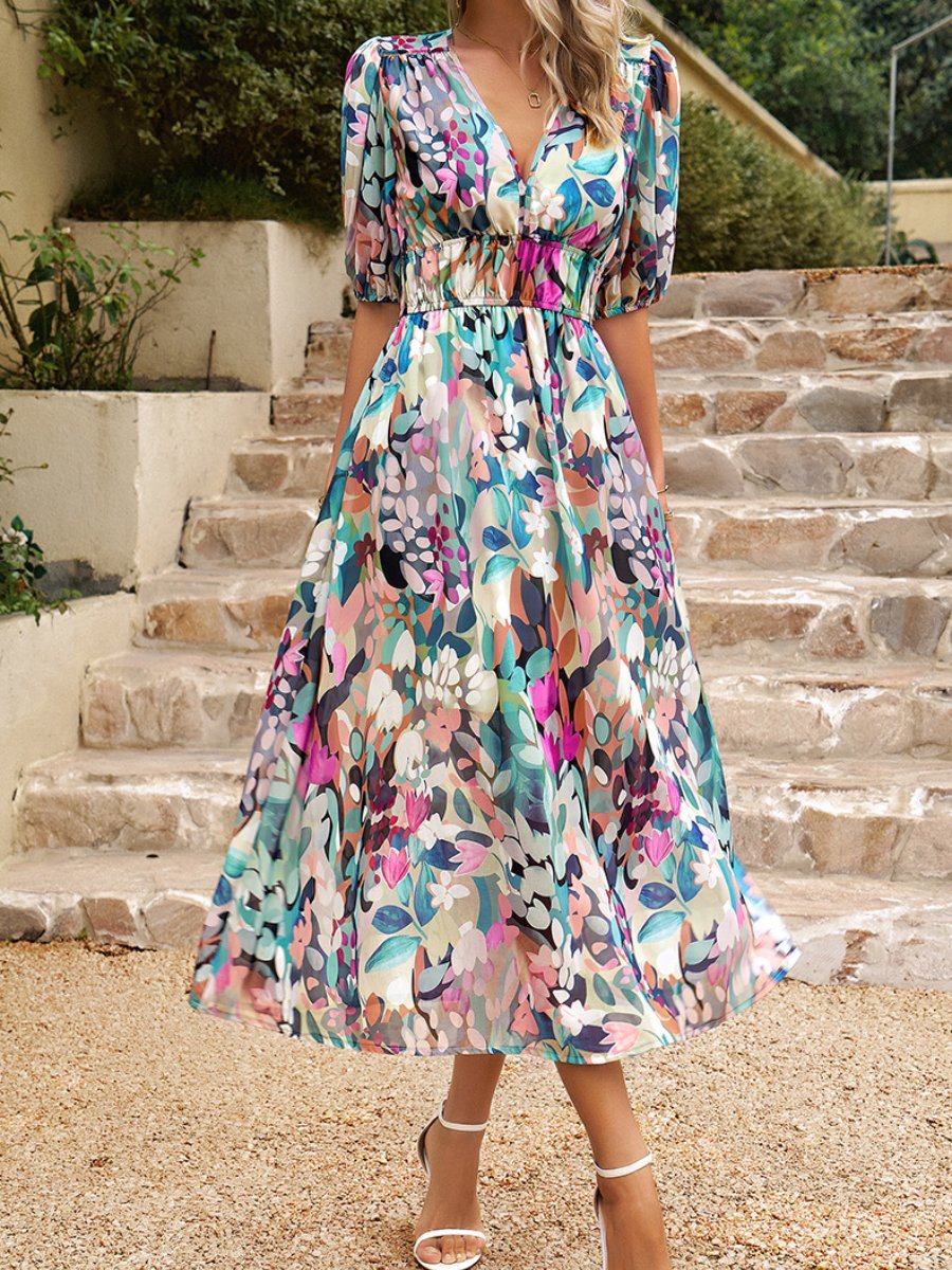 2024 Temperament Waisted V-neck Printed Dress