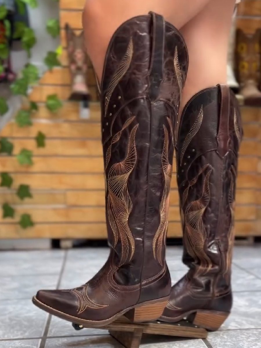 Pointed Toe Thick Heel High-top Large Size Western Cowboy Boots