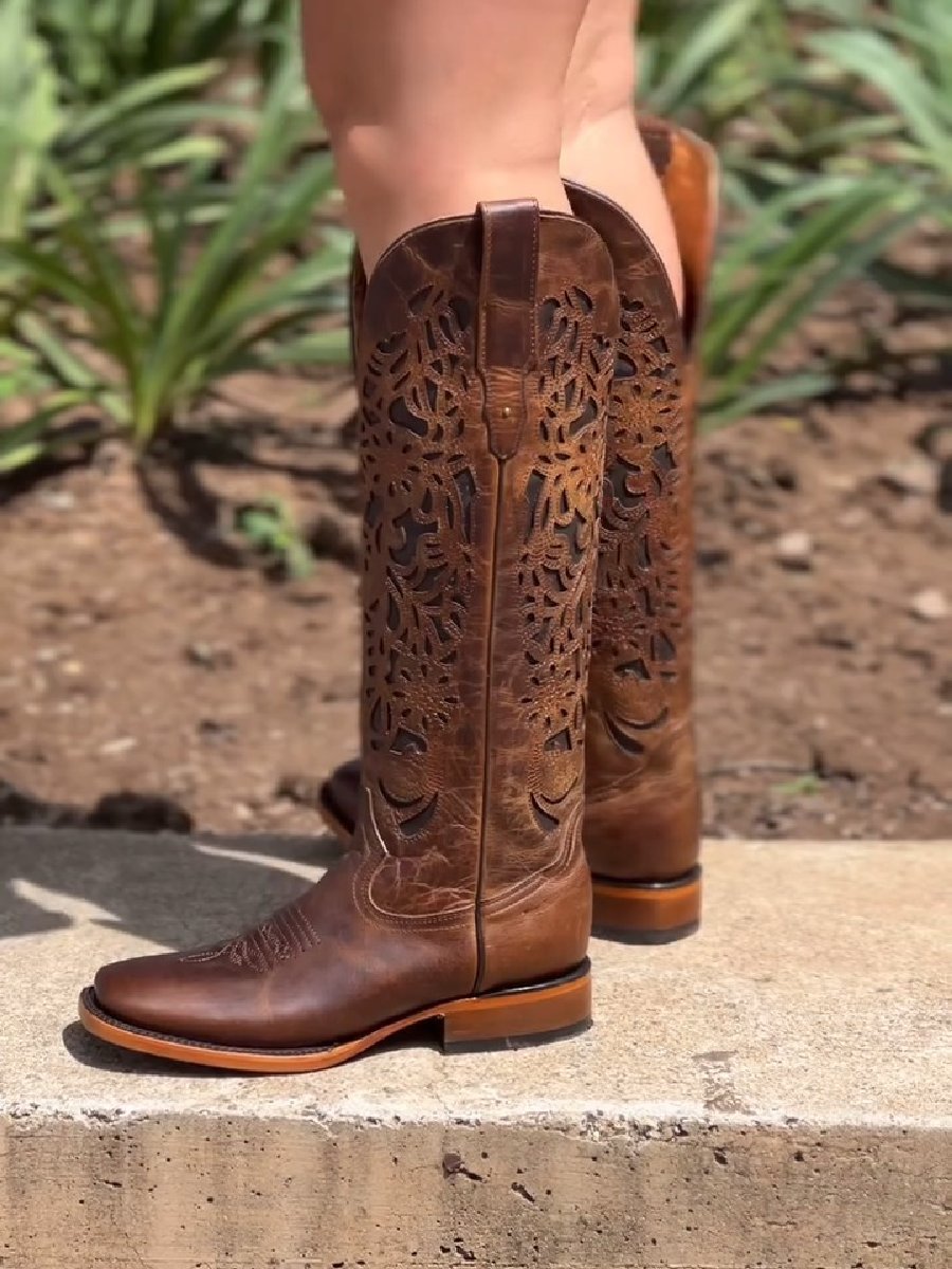 Vintage Brown Embroidered Block Heel High Boots