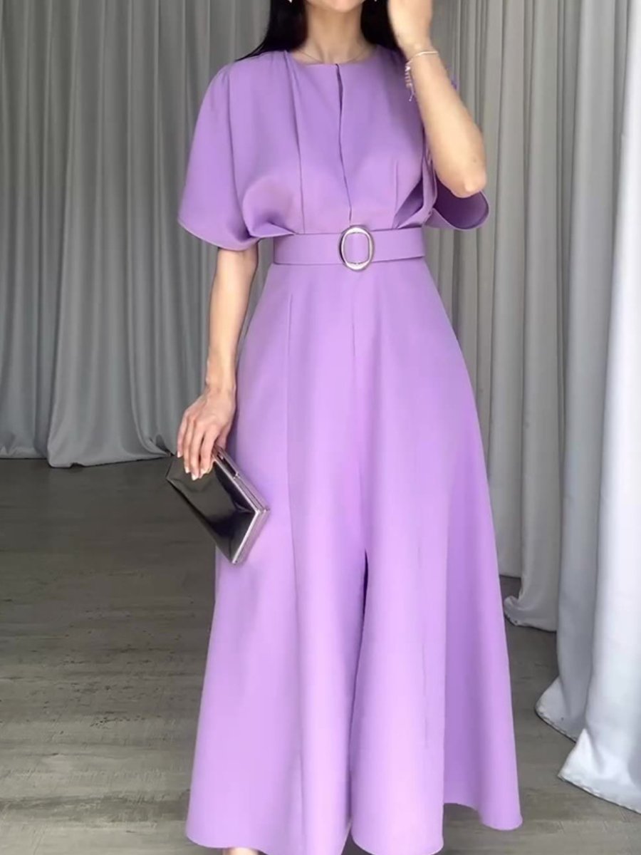 Solid Color Round Neck Short Sleeve Dress