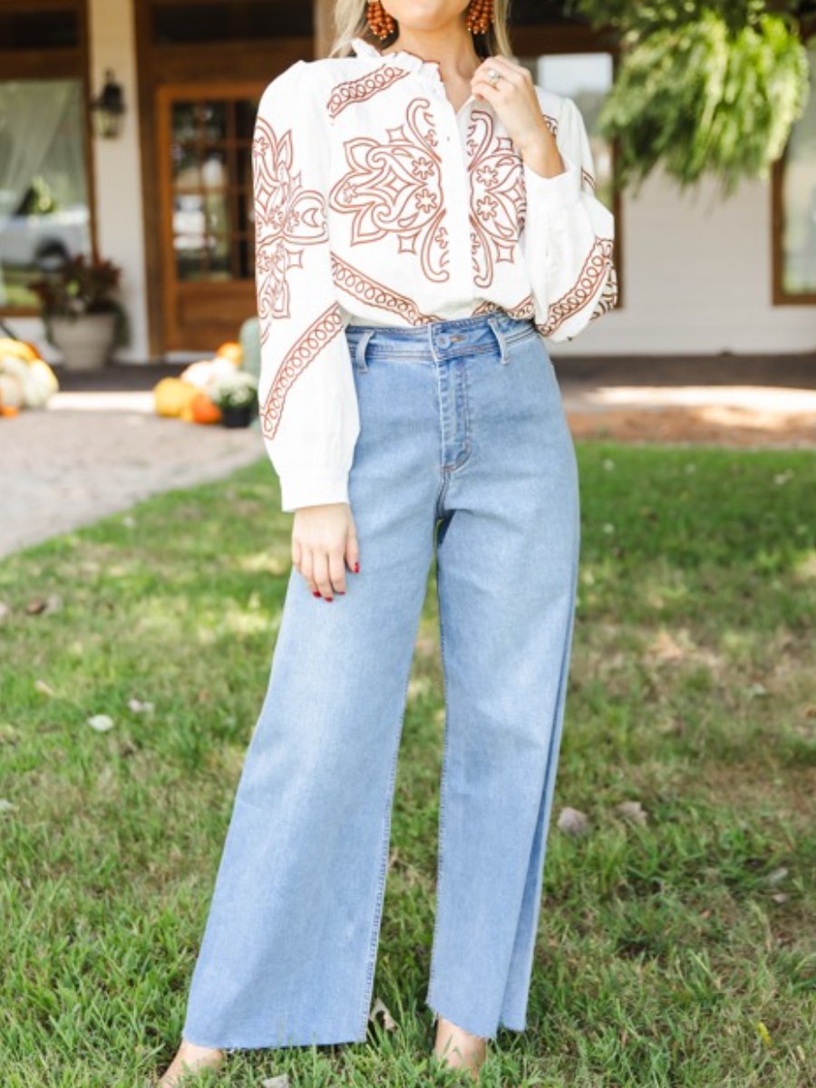 Embroidered Button-down Top