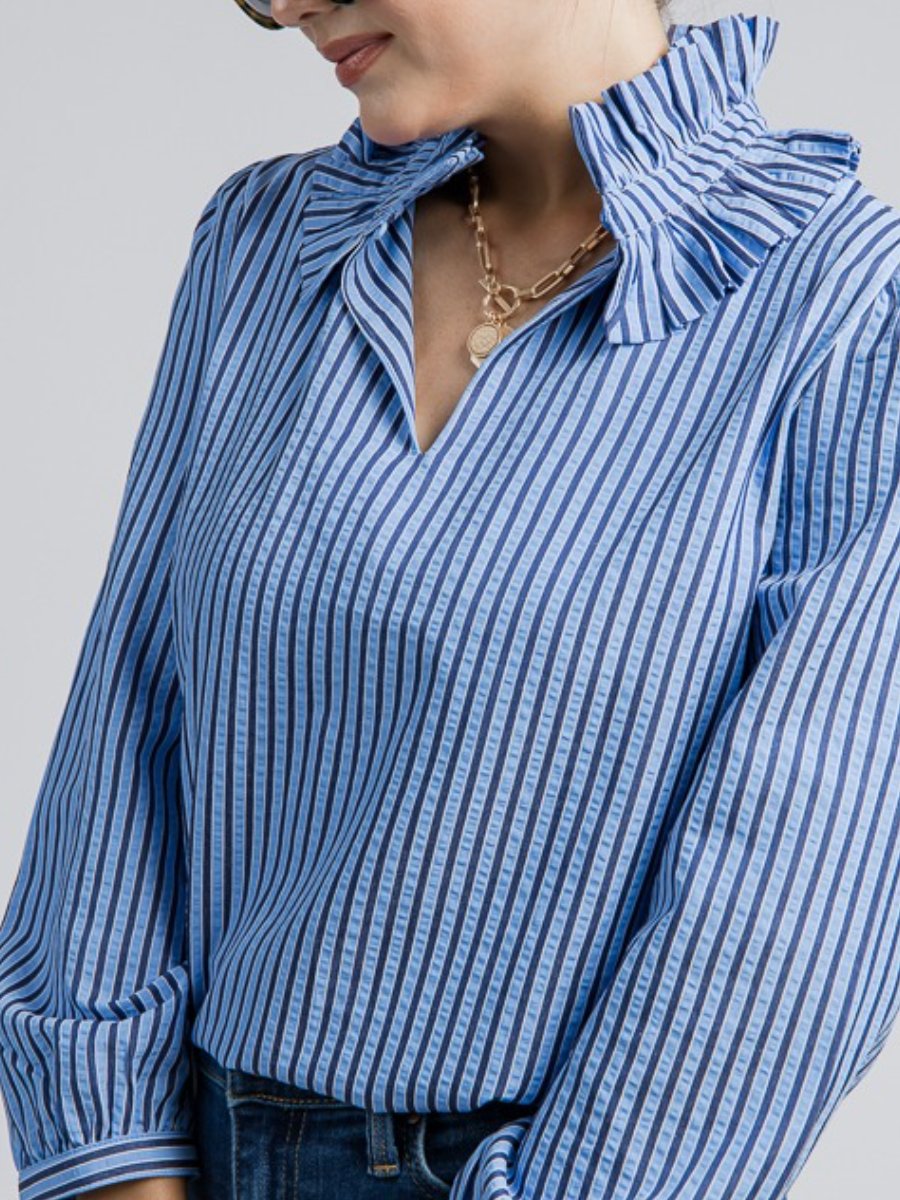 Blue Ruffle Collar Stripe Top