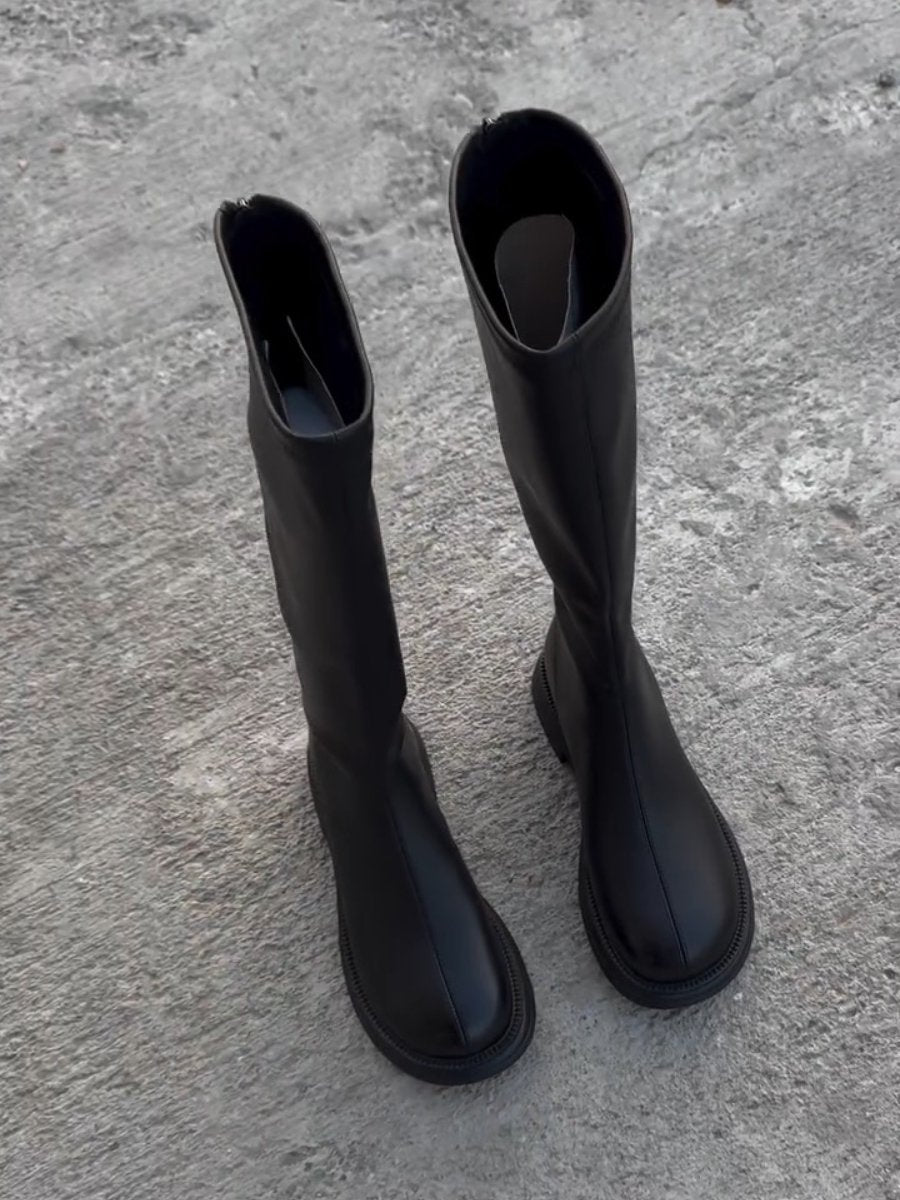 Black Round Toe Low Heel Boots