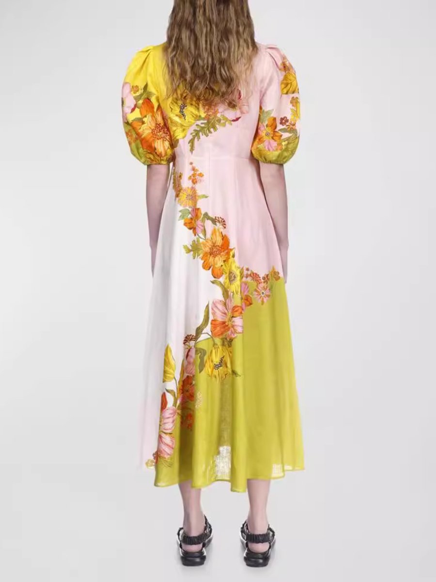 Printed Puff Sleeve Slim Dress
