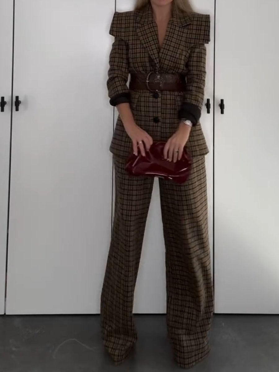 Fashionable Temperament Western Style Plaid Wide-leg Pants Two-Piece Suit