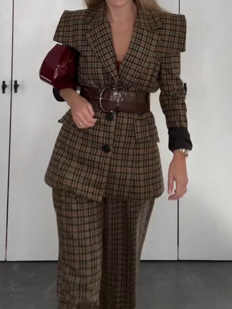Fashionable Temperament Western Style Plaid Wide-leg Pants Two-Piece Suit