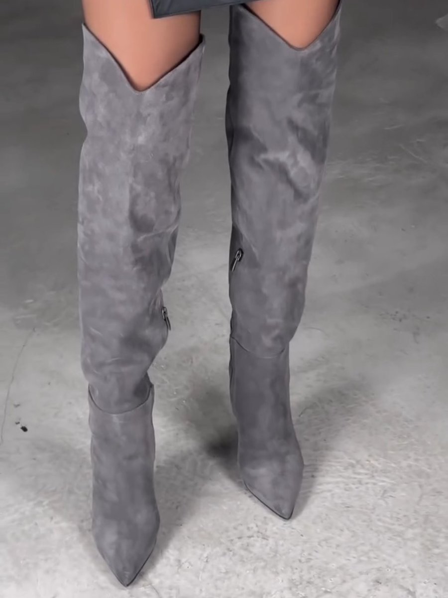 Pointed Toe Western High Suede Pleated Boots