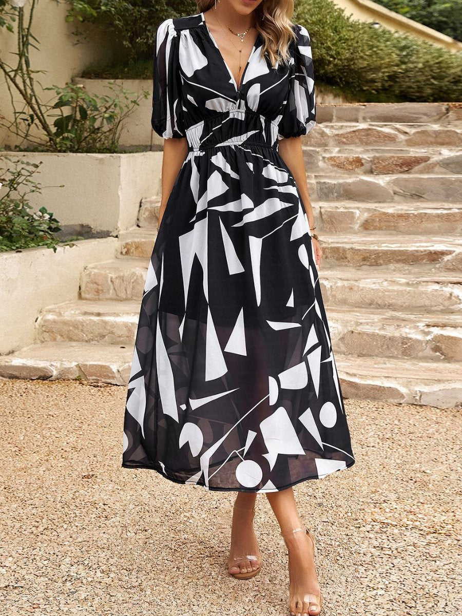 2024 Temperament Waisted V-neck Printed Dress