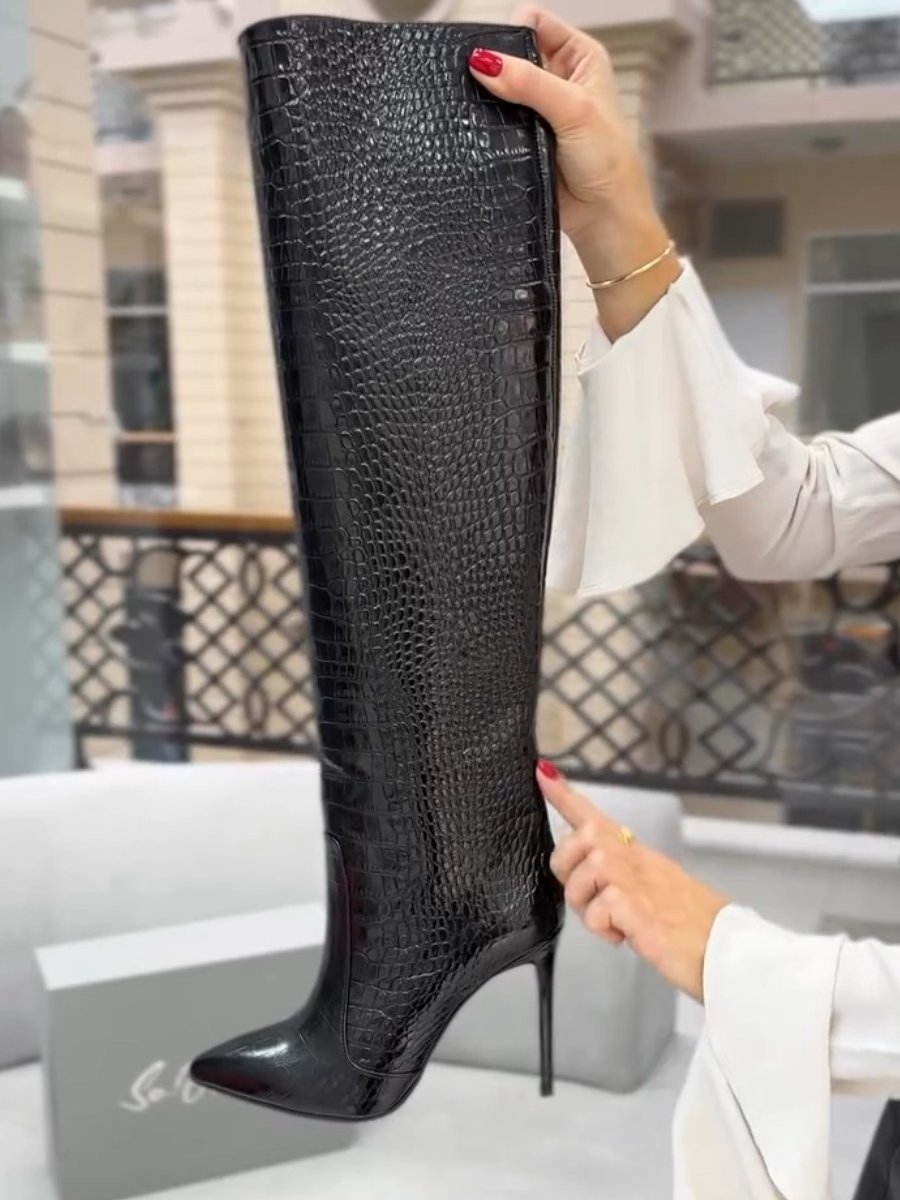Crocodile Pattern High Pointed Toe Thick Heel Boots