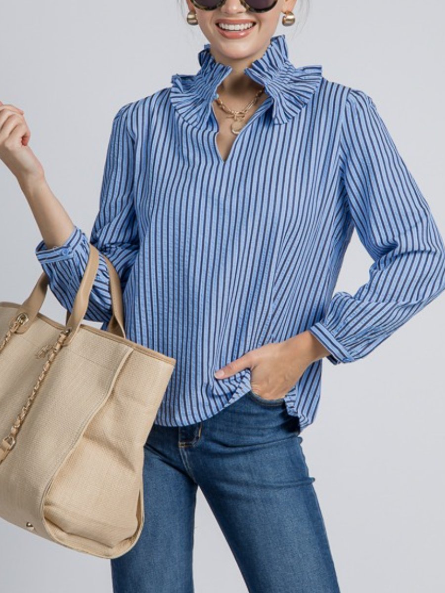 Blue Ruffle Collar Stripe Top