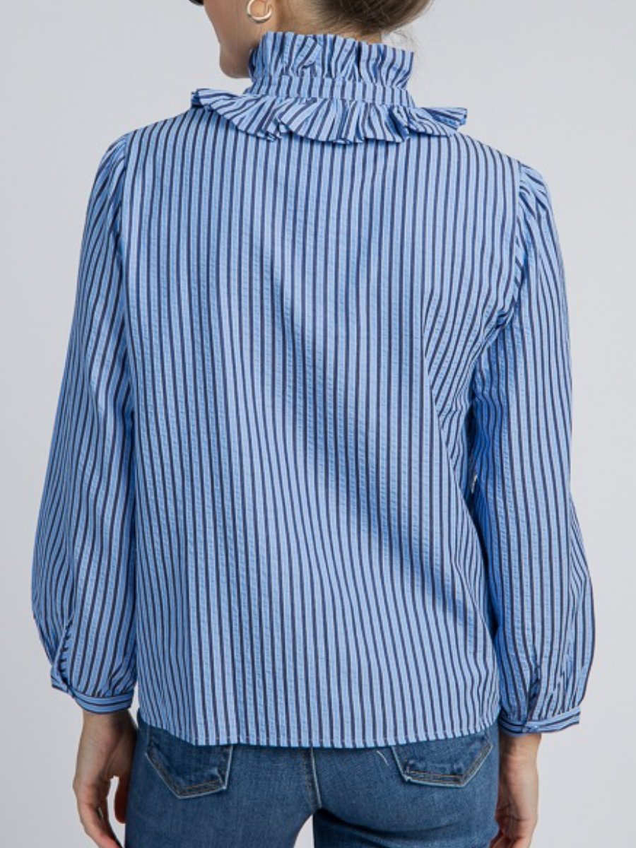 Blue Ruffle Collar Stripe Top