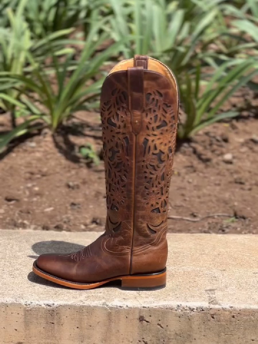 Vintage Brown Embroidered Block Heel High Boots
