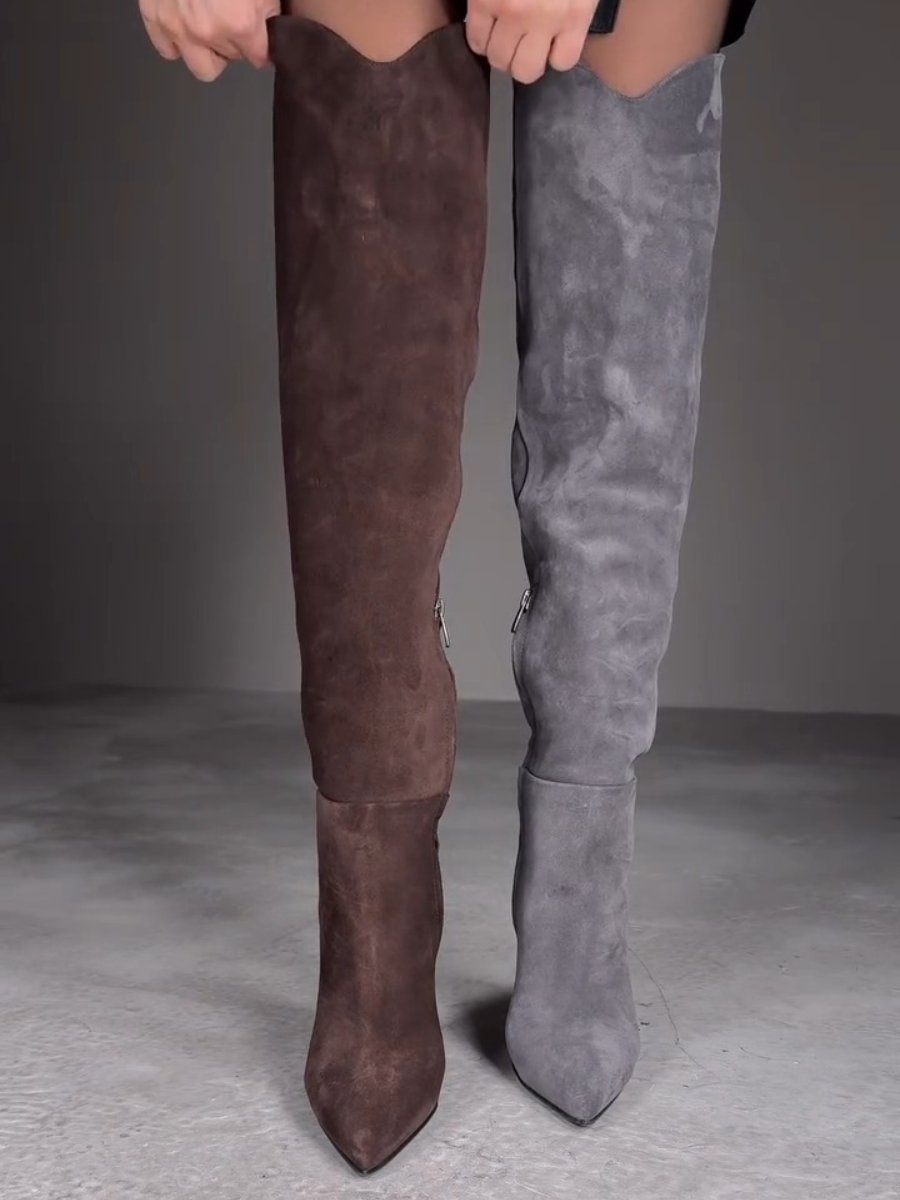 Pointed Toe Western High Suede Pleated Boots