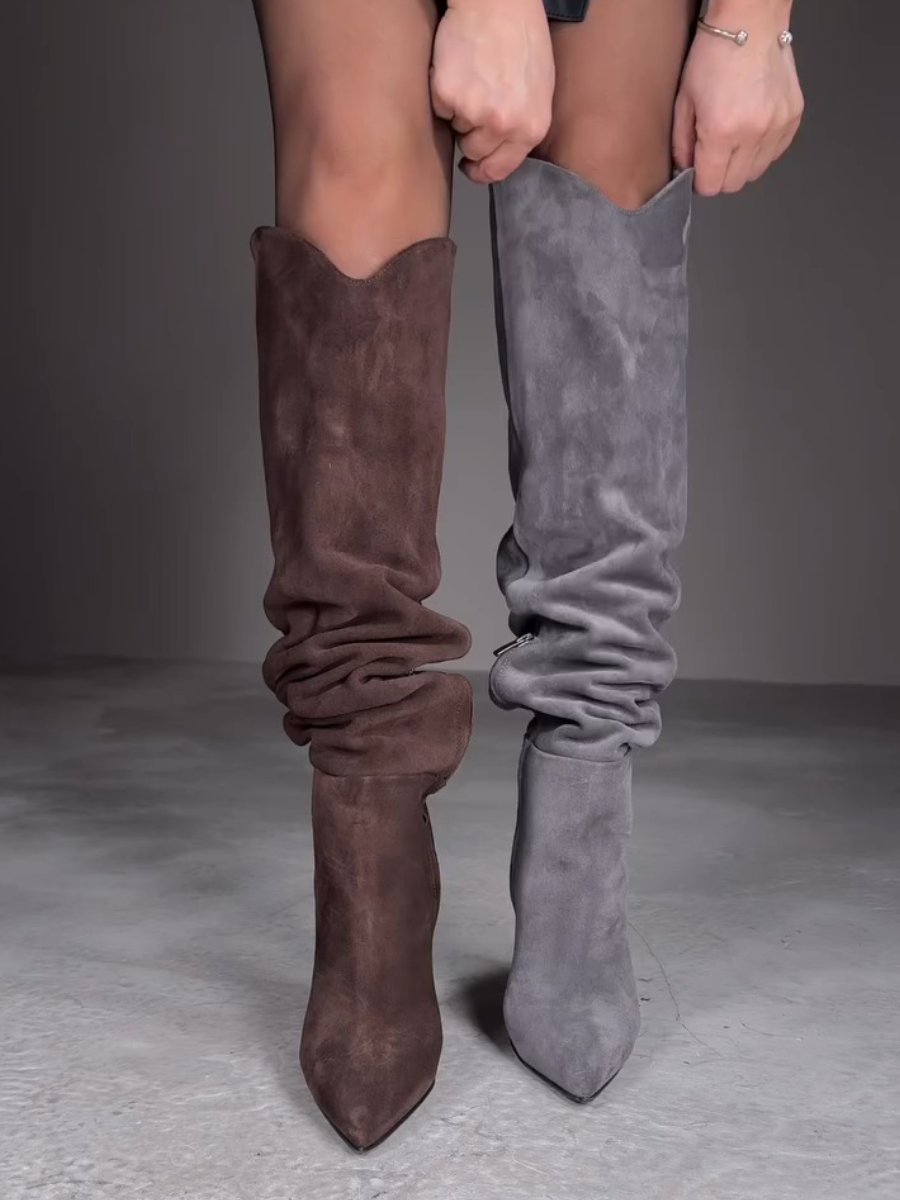 Pointed Toe Western High Suede Pleated Boots