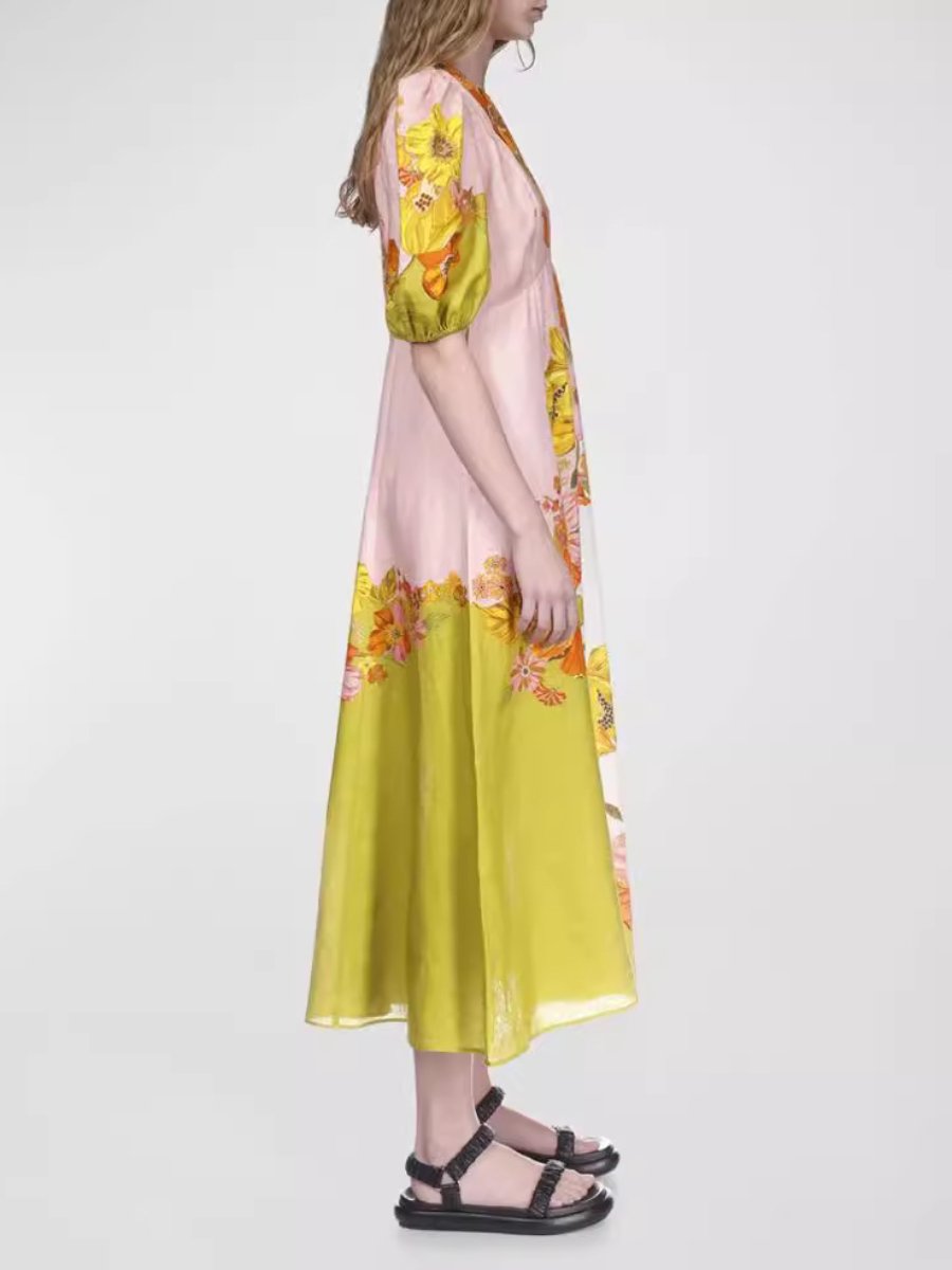 Printed Puff Sleeve Slim Dress