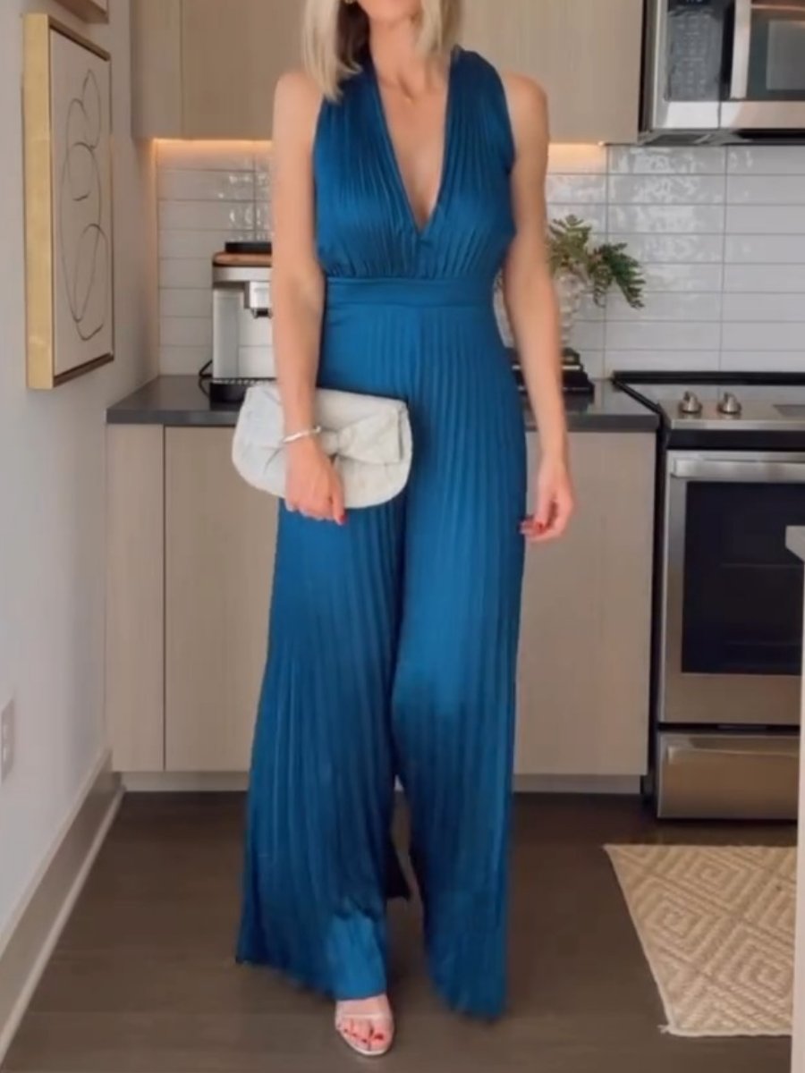 Slim Fit Pleated Wide Leg Skirt Jumpsuit