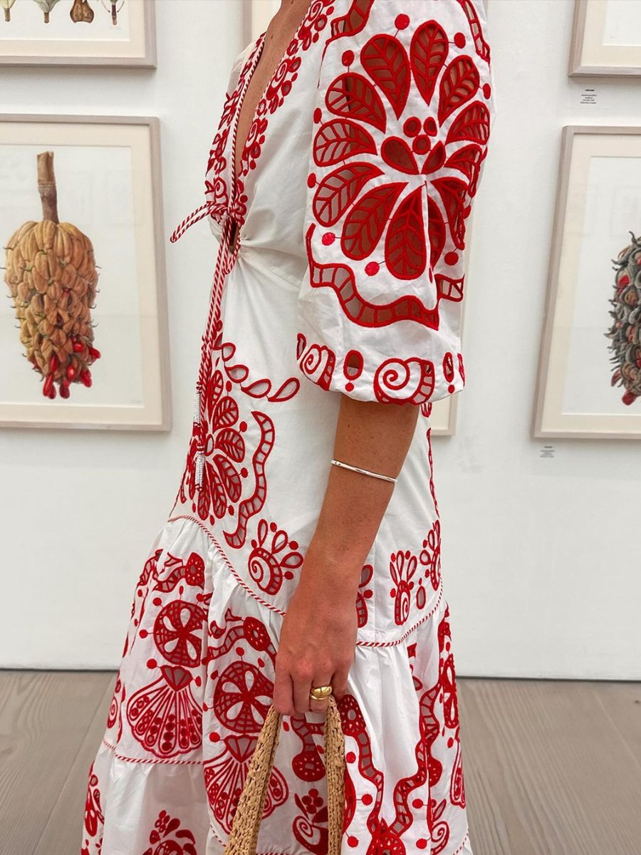 Red And White V-neck Dress