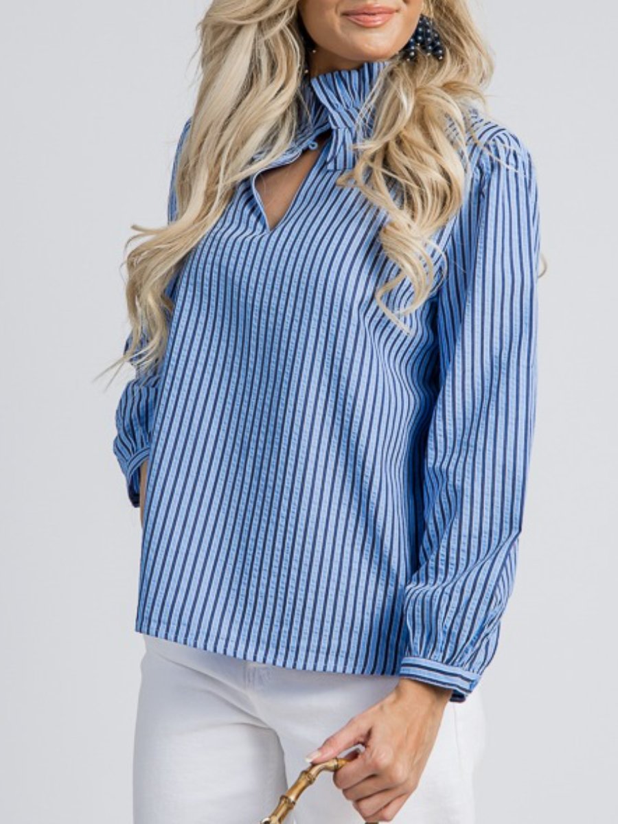 Blue Ruffle Collar Stripe Top