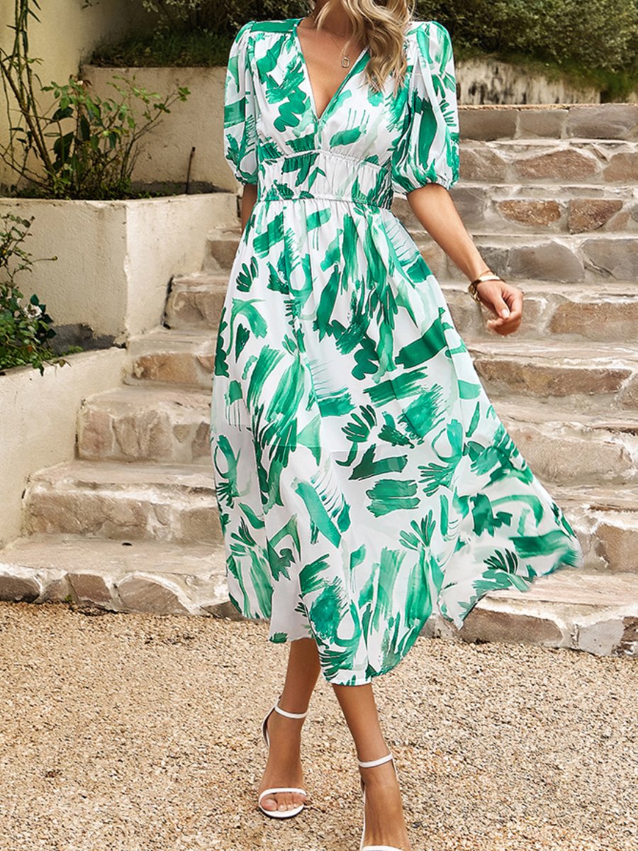 2024 Temperament Waisted V-neck Printed Dress