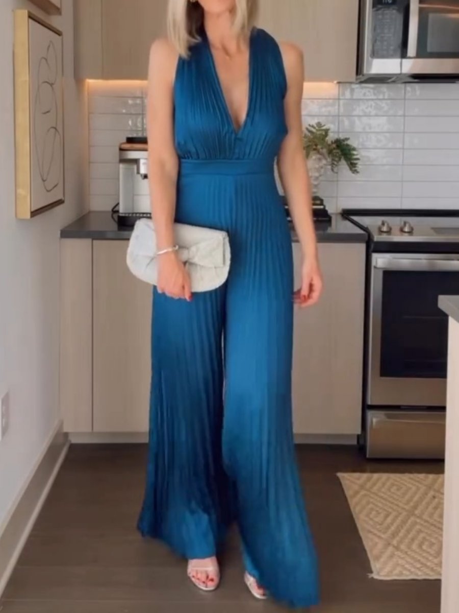 Slim Fit Pleated Wide Leg Skirt Jumpsuit