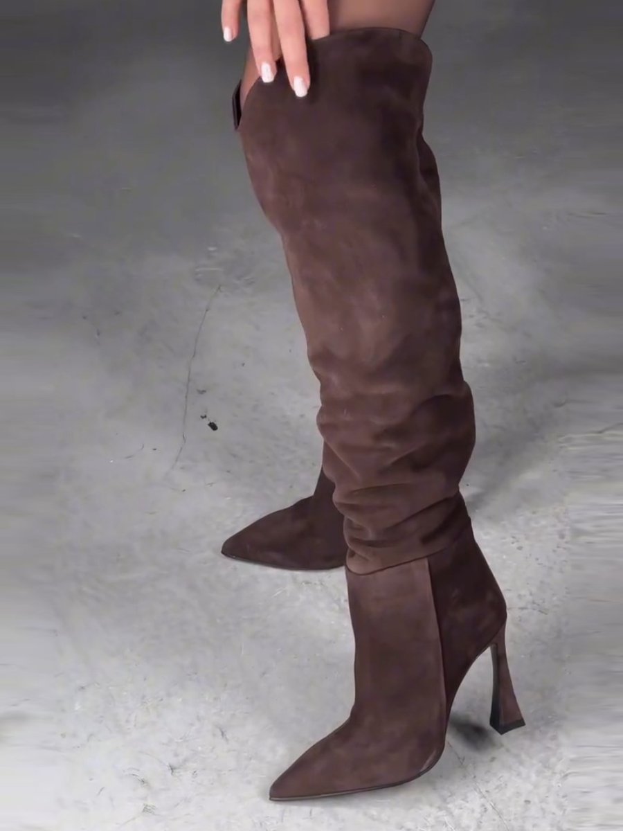 Pointed Toe Western High Suede Pleated Boots
