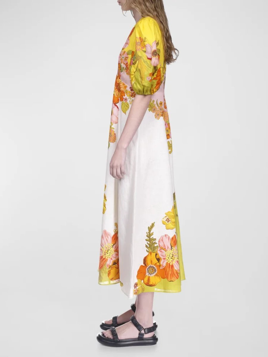 Printed Puff Sleeve Slim Dress
