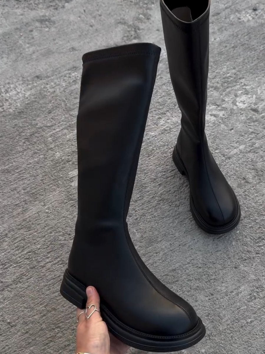 Black Round Toe Low Heel Boots