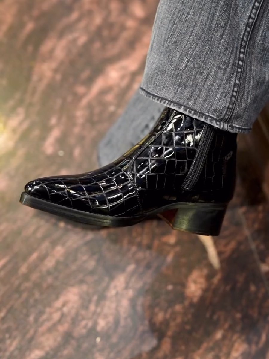 Croc-print Pointed Toe Side Zipper Ankle Boots