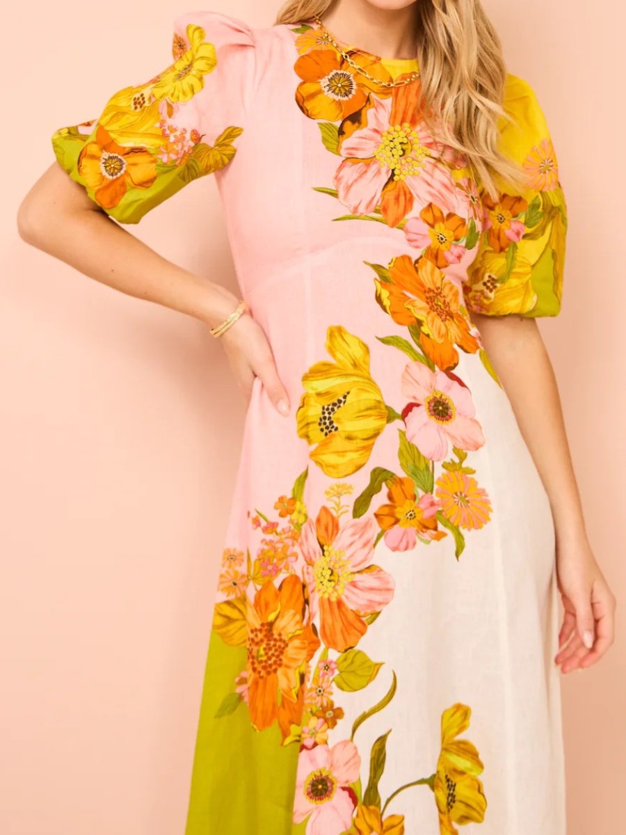 Printed Puff Sleeve Slim Dress